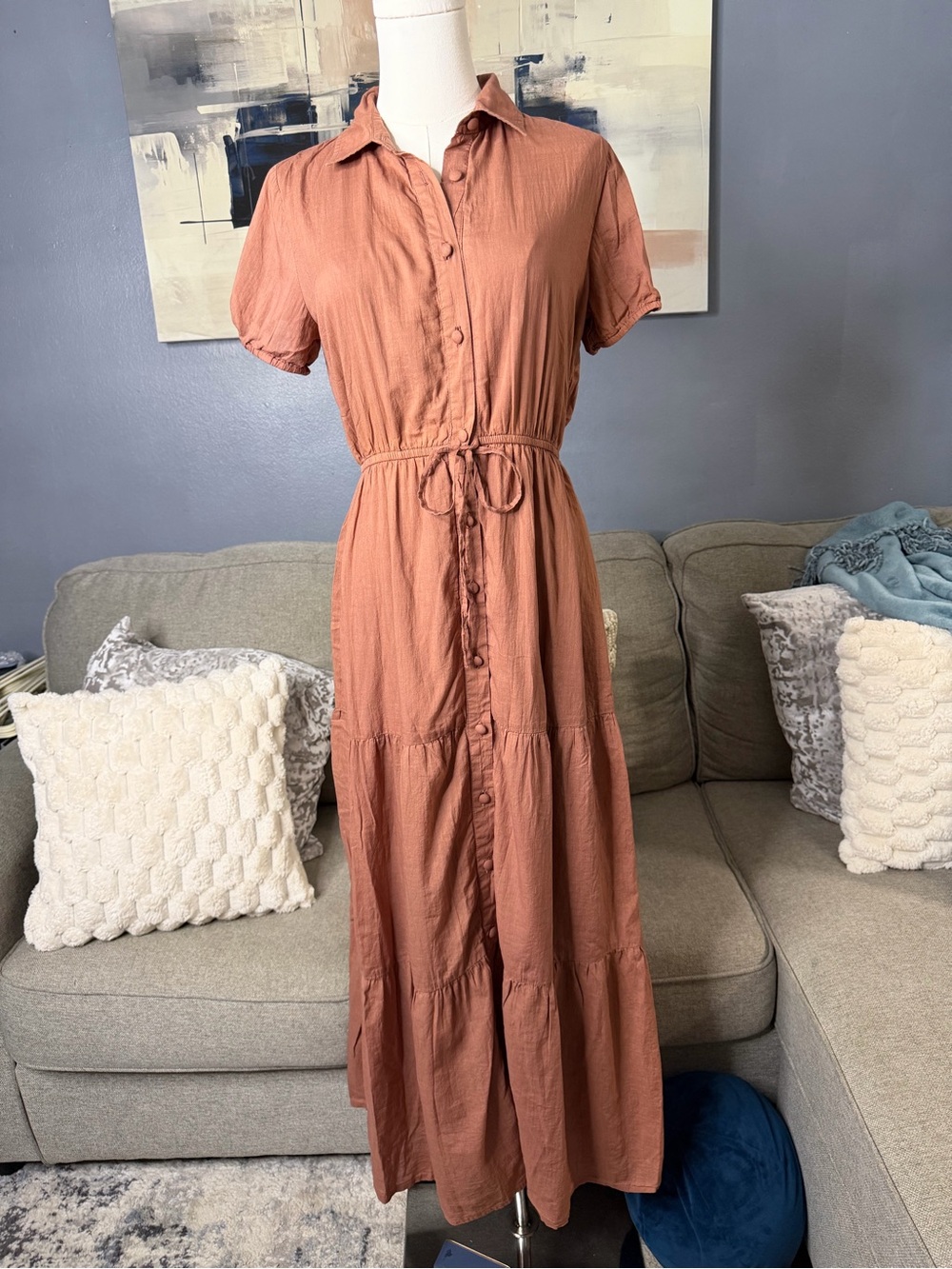 Sim & Sam Rust Terracotta Button Front Tiered Maxi Dress Size M